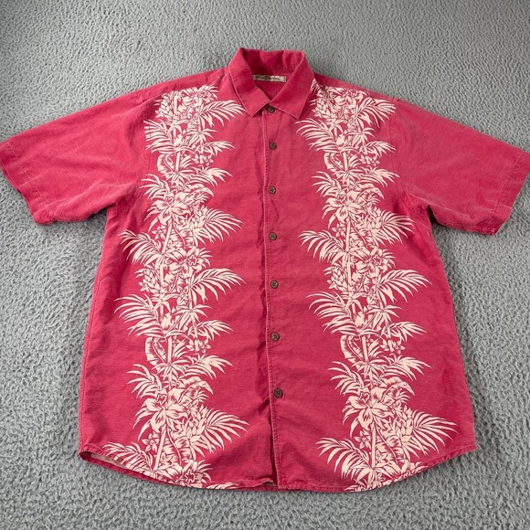 Tommy Bahama Other - Tommy Bahama Silk Button Up Shirt Short Sleeve Hawaiian Adult Pink Palm Trees L